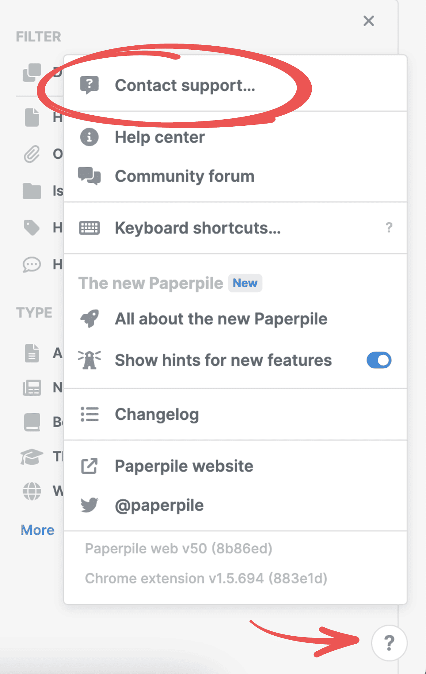 The Help menu opened from the circled question mark, with a heavily circled “Contact support…” at the top, above Help center, Community forum, Keyboard shortcuts, “All about the new Paperpile”, Changelog and the Paperpile website.